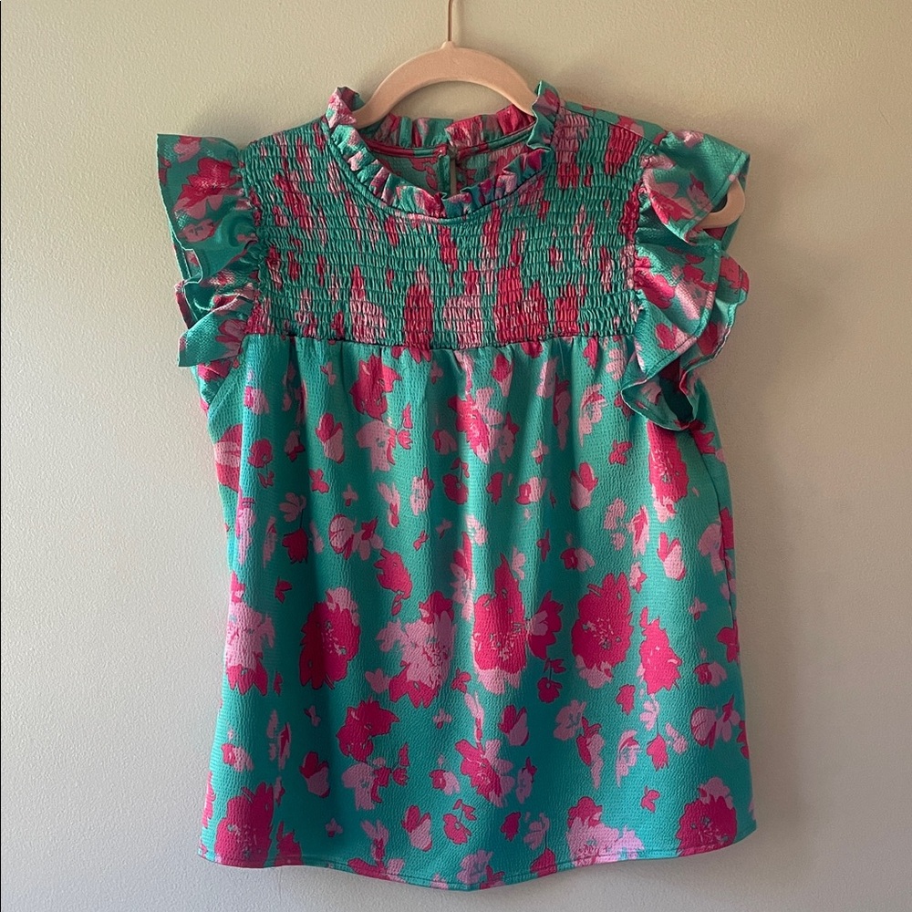 Floral Ruffle Blouse - Teal and Pink